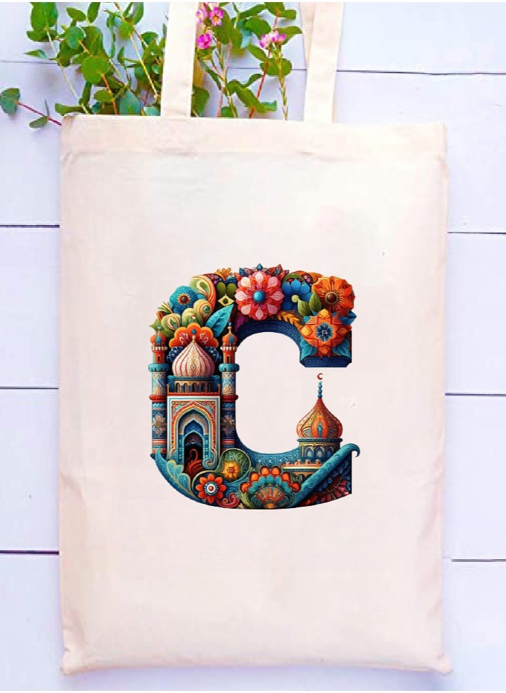 PRINTSHOP4ME Initial Monogram Tote Bag - Cotton Tote with Initial Design Printed - Perfect for School, Travel and Birthday Gift - Eco-Friendly Canvas Cotton Tote Bag for Women - Gift for Ramadan  - Image 2