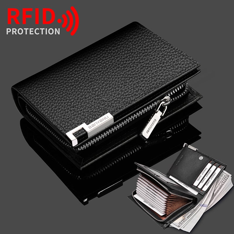 banyanu Men's Short Leather Business Wallet, Minimalist Style, with Multiple Card Slots and Zippered Pockets (Blue - Plain Grain) - Image 3