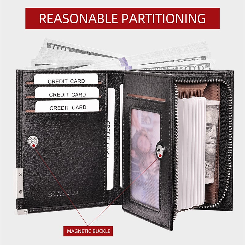 banyanu Men's Short Leather Business Wallet, Minimalist Style, with Multiple Card Slots and Zippered Pockets (Blue - Plain Grain) - Image 5