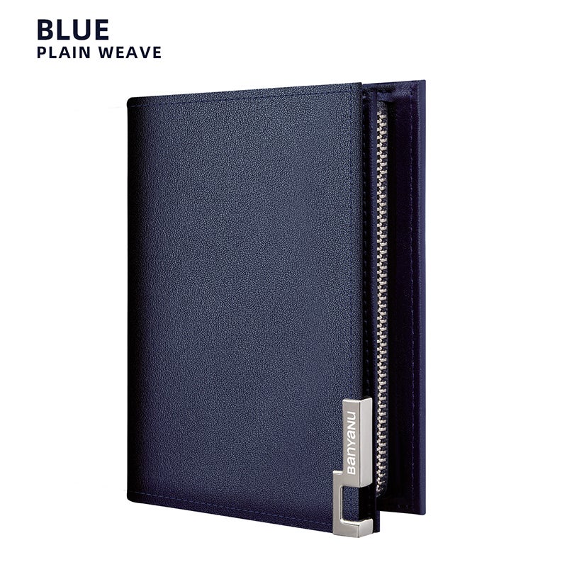 banyanu Men's Short Leather Business Wallet, Minimalist Style, with Multiple Card Slots and Zippered Pockets (Blue - Plain Grain) - Image 1