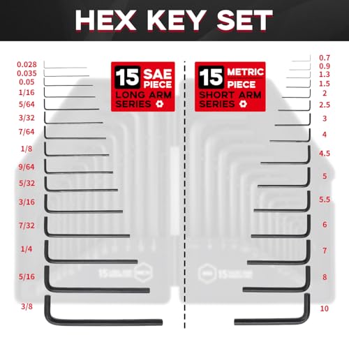 Reniteco 30 PCS Hex Head Key Allen Wrench Tool Set Organizer Kit Alloy Steel L Shape Black Metric (0.7-10 mm) SAE (0.028"-3/8") Standard In Storage Case Long Short Arm - Image 2