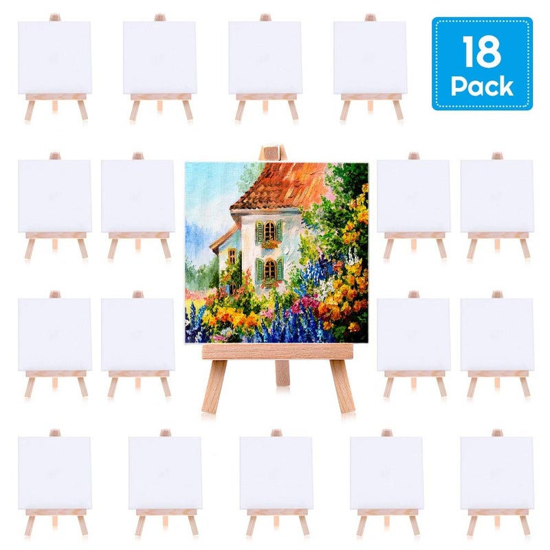 Mini Canvases 18 Pack Cridoz Small Painting Canvas with Mini Easel 4x4 Inches Art Canvases Painting Kit for Kids Teenagers Acrylic Pouring Oil Water Color