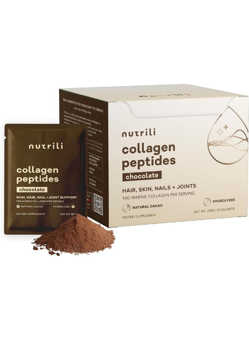 Nutrili Marine Collagen Peptides Powder, Promotes Hair, Nail, Skin, Bone and Joint Health, Chocolate (15 Sachets)
