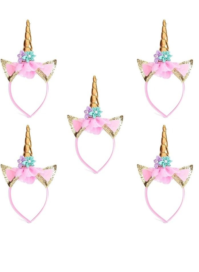 مجموعة شريط رأس بتصميم يونيكورن  لمستلزمات حفلات يونيكورن (5 قطع ذهبي) - Image 1