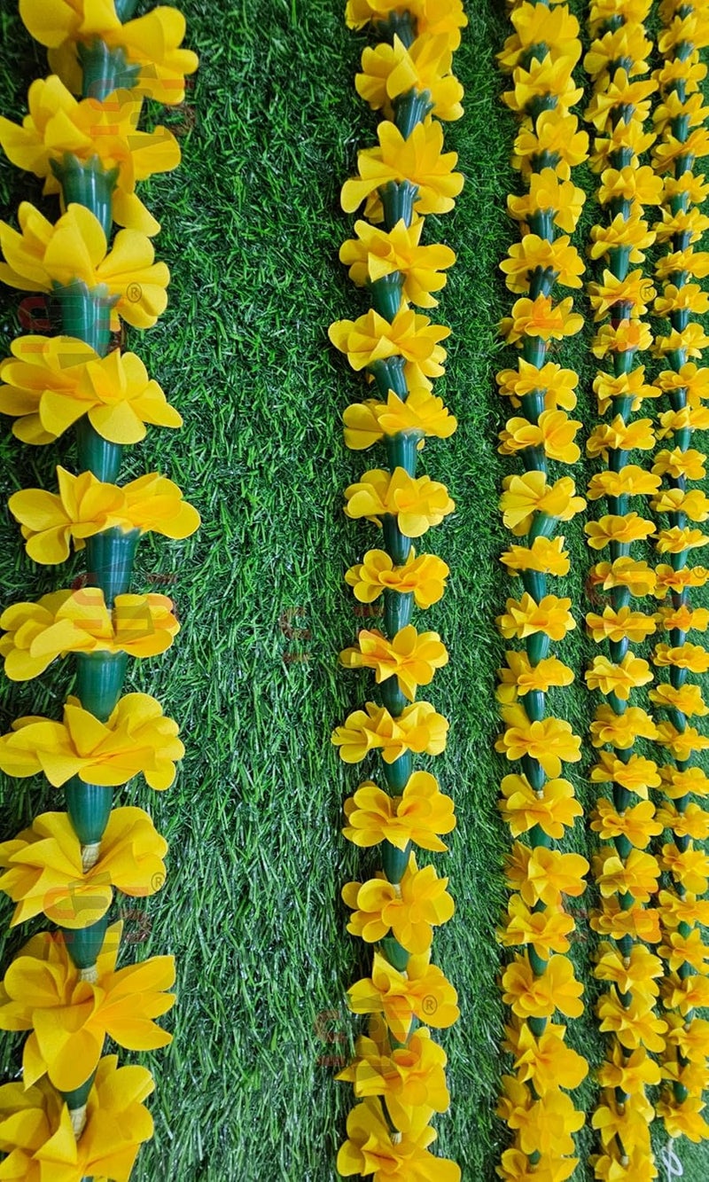 S2S Artificial Fabric Fullfy Marigold Flower Strings Wedding DecorationsEvent Decor Perfect for DiwaliGanpati PoojaTempleMandir Decoration Pack of 5 Height 60 Inch Yellow Flowers - Image 1