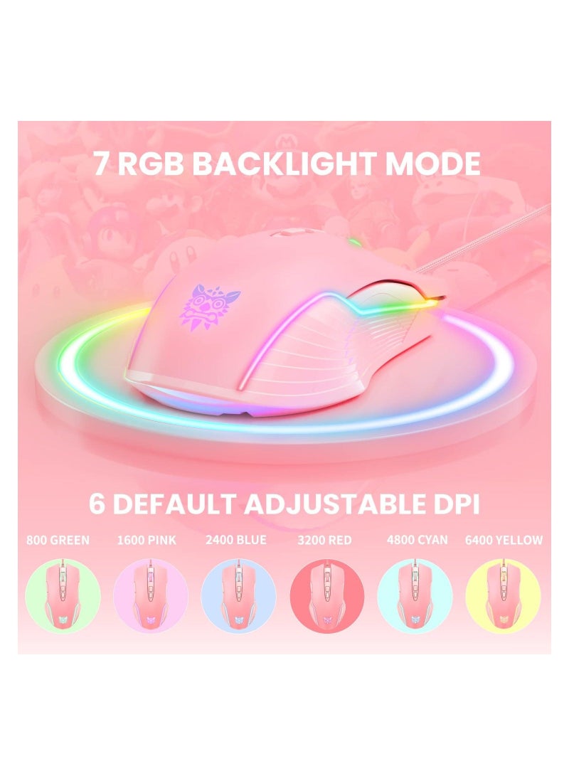 onikuma RGB 6400 DPI Wired Gaming Mouse Breathing LED Optical USB 7 Buttons Gamer Computer Pink Mice for Laptop PC Desktop - Image 4