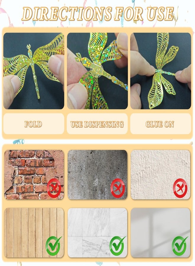 DELEMI 60 Pcs 3D Iridescent Gold Dragonfly Decorations,Sequined Room Decor with Set 4 Style Decorative Paper Dragonfly for Party Birthday Baby Shower Decorations Wedding Decor DIY Gift((Gold) - Image 5