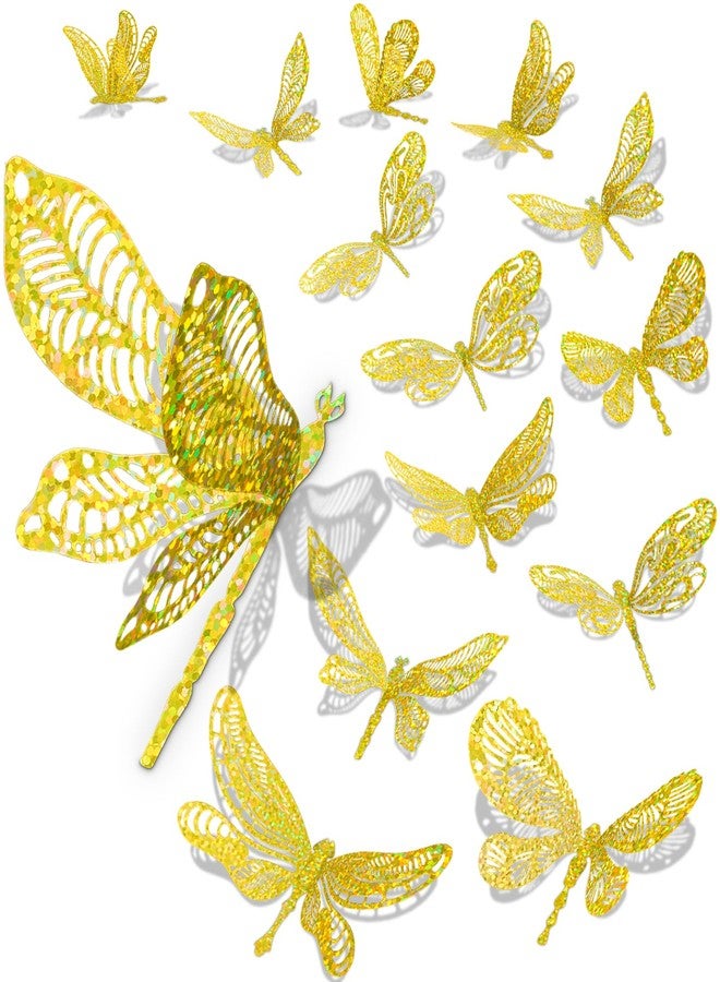 DELEMI 60 Pcs 3D Iridescent Gold Dragonfly Decorations,Sequined Room Decor with Set 4 Style Decorative Paper Dragonfly for Party Birthday Baby Shower Decorations Wedding Decor DIY Gift((Gold) - Image 1