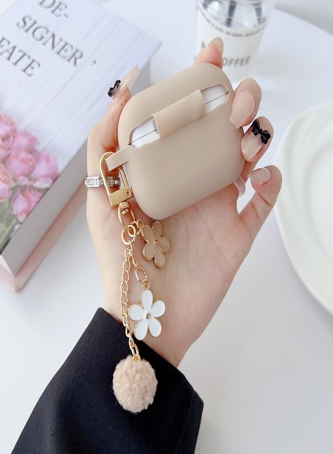 OTOPO Cute Case for Airpods Pro 2nd/1st Generation Cover for Girl Women with Pom pom Flower Keychain & Cleaner Kit, Soft Silicone Protective Skin for Airpods Pro 2/1 Gen 2019/2023/2022, Milk Tea - Image 3