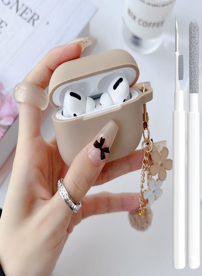 OTOPO Cute Case for Airpods Pro 2nd/1st Generation Cover for Girl Women with Pom pom Flower Keychain & Cleaner Kit, Soft Silicone Protective Skin for Airpods Pro 2/1 Gen 2019/2023/2022, Milk Tea - Image 1