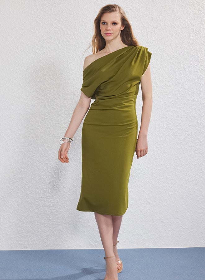 trendyol Oil Green Midi Gathered/Draped Detailed Knit Dress - Image 2