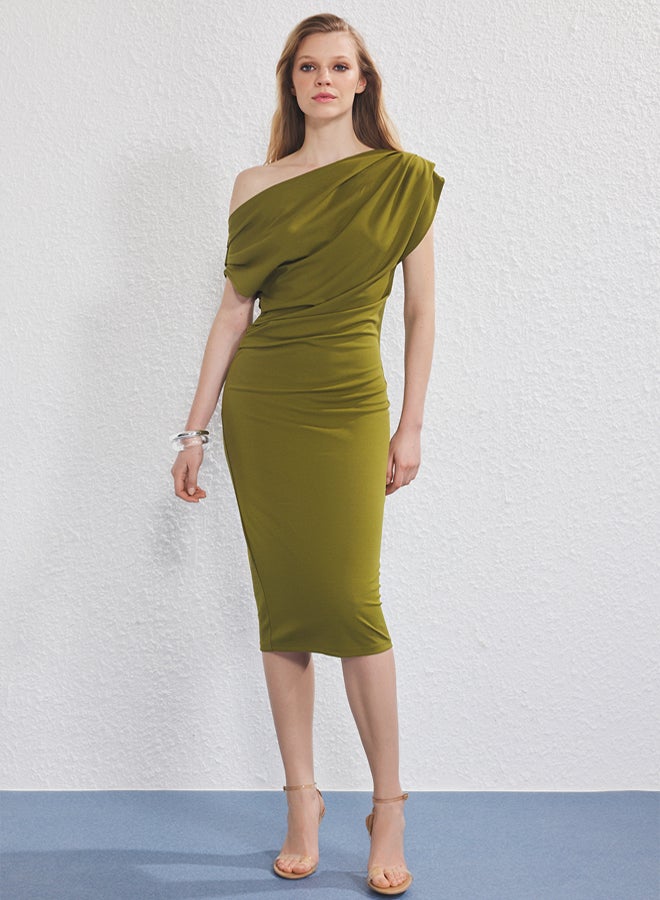 trendyol Oil Green Midi Gathered/Draped Detailed Knit Dress - Image 1