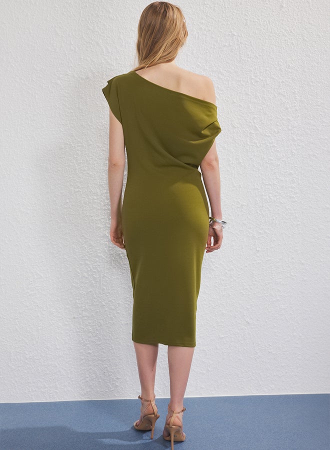 trendyol Oil Green Midi Gathered/Draped Detailed Knit Dress - Image 4