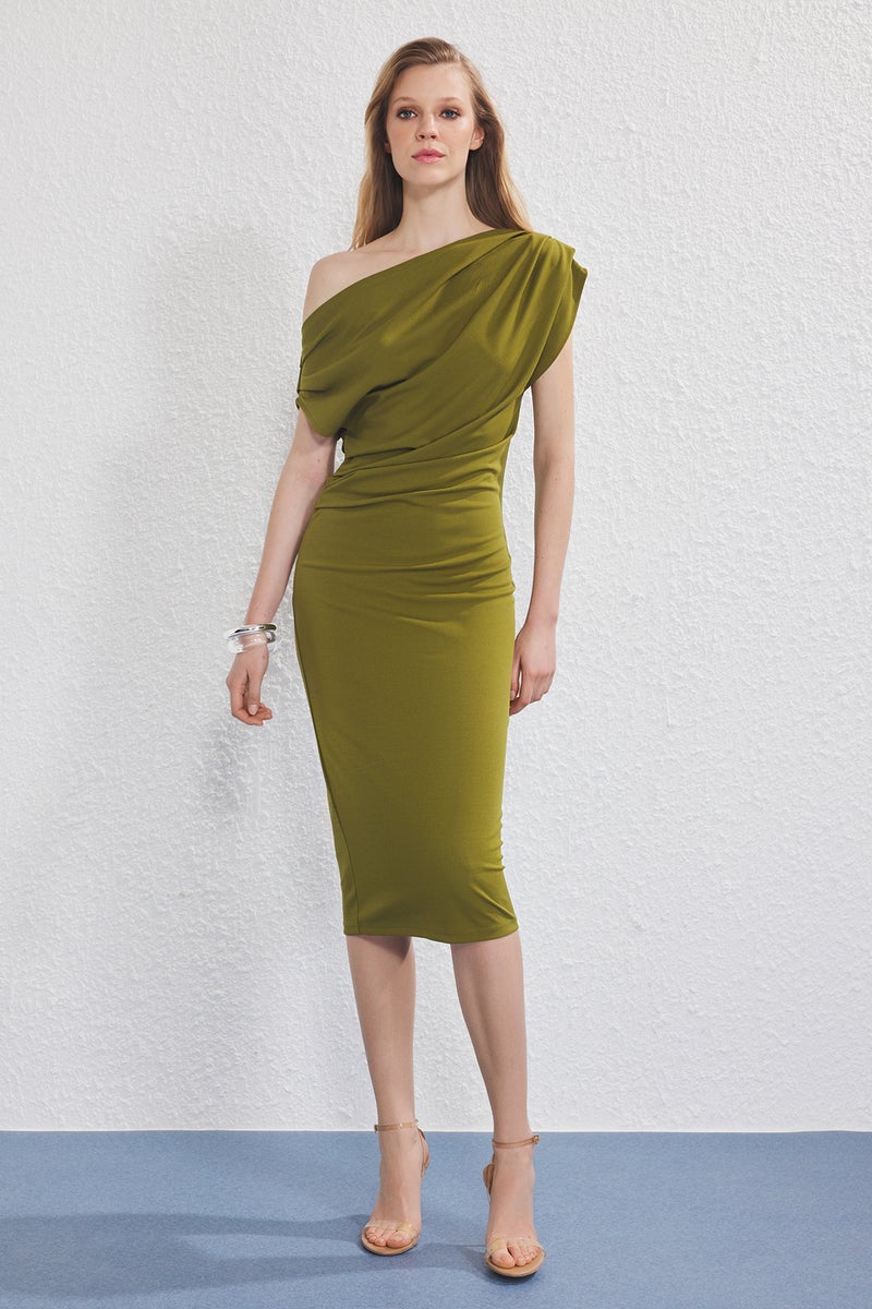 trendyol Oil Green Midi Gathered/Draped Detailed Knit Dress - Image 1