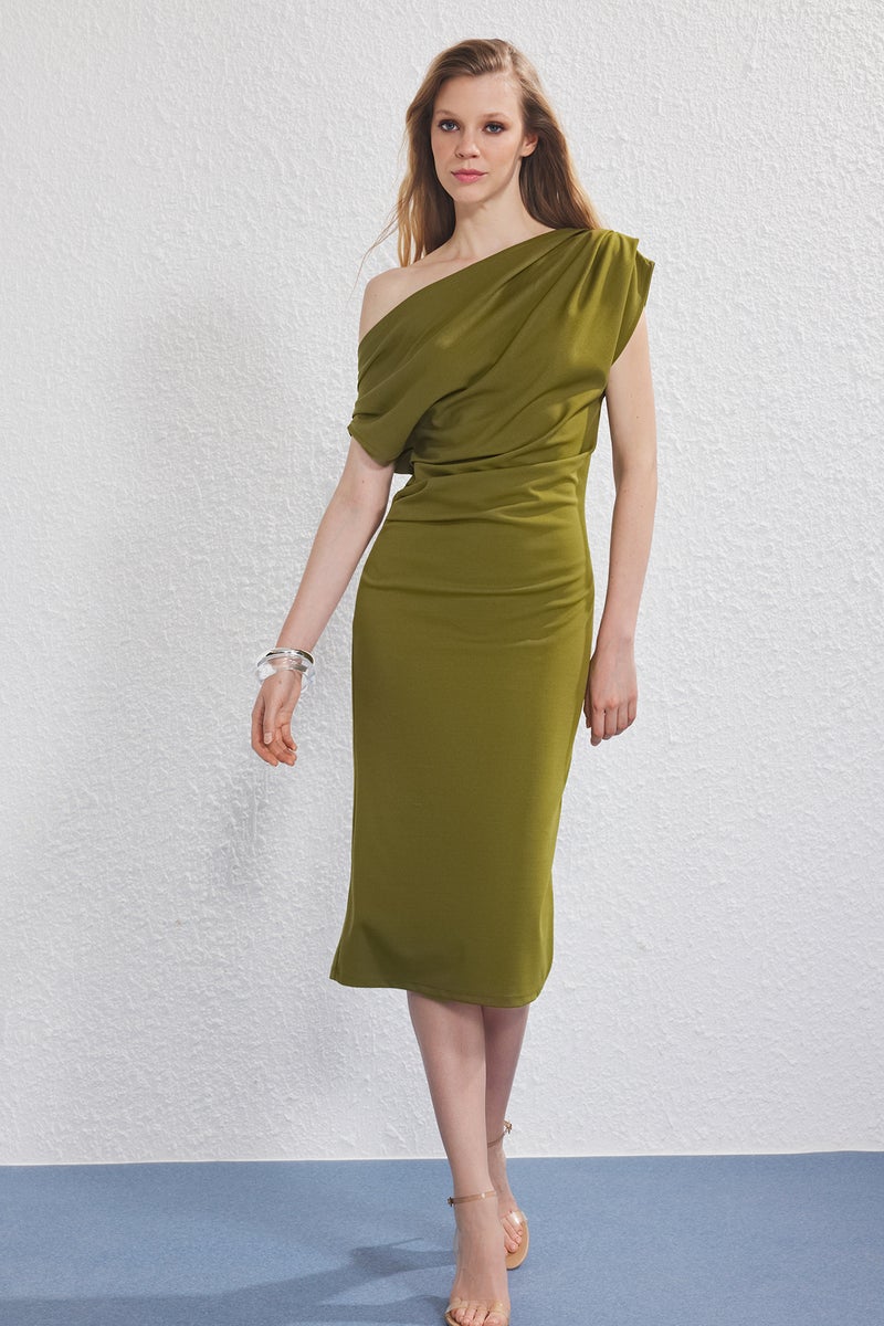 trendyol Oil Green Midi Gathered/Draped Detailed Knit Dress - Image 2