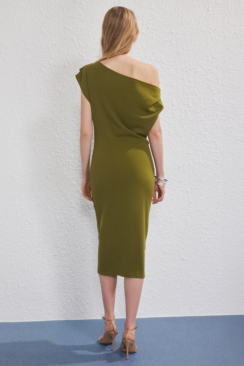 trendyol Oil Green Midi Gathered/Draped Detailed Knit Dress - Image 4