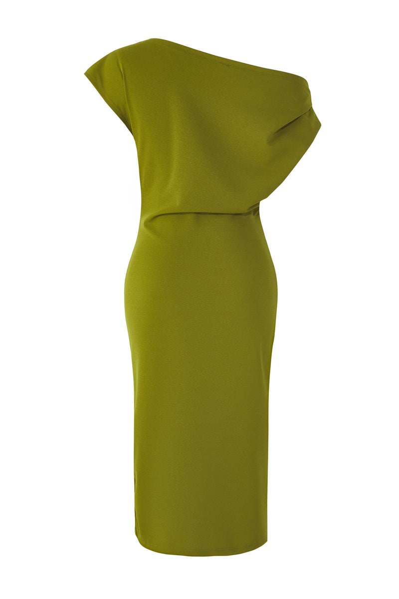 trendyol Oil Green Midi Gathered/Draped Detailed Knit Dress - Image 5
