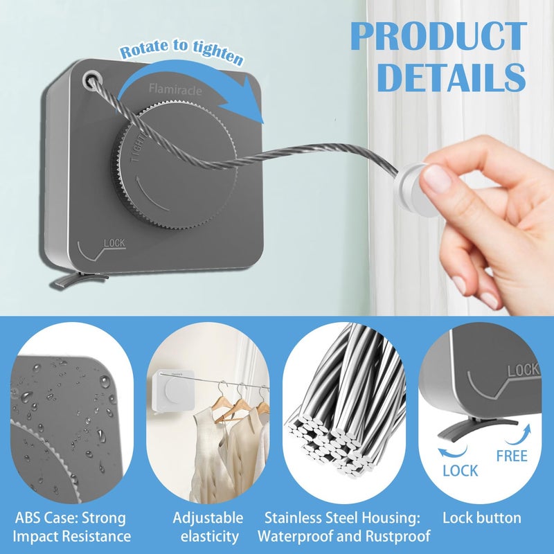 Flamiracle Retractable Clothesline Indoor, Non-Sagging Outdoor Clothes Line Retracting 15.7 Feet Heavy Duty Laundry Line Retractable Wall Mounted Clothes Line Outdoors (Square-Grey) - Image 3