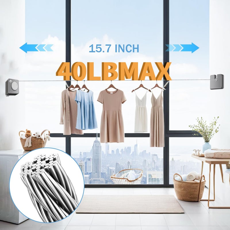 Flamiracle Retractable Clothesline Indoor, Non-Sagging Outdoor Clothes Line Retracting 15.7 Feet Heavy Duty Laundry Line Retractable Wall Mounted Clothes Line Outdoors (Square-Grey) - Image 4