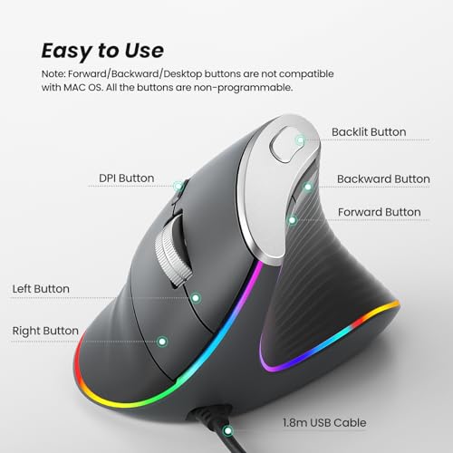 Nulea M504 Wired Vertical Mouse, USB Ergonomic Optical Mouse with 4 Adjustable DPI, 11 RGB Backlight Modes, Compatible for Laptop, PC, Desktop, Mac, Grey - Image 4