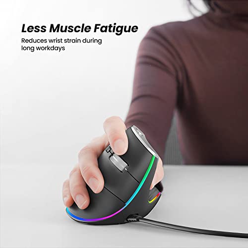 Nulea M504 Wired Vertical Mouse, USB Ergonomic Optical Mouse with 4 Adjustable DPI, 11 RGB Backlight Modes, Compatible for Laptop, PC, Desktop, Mac, Grey - Image 2