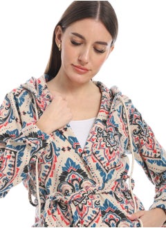 Andora Hooded Patterned Fleece Plaid Wrap Cardigan _Beige & Blue  - Image 4