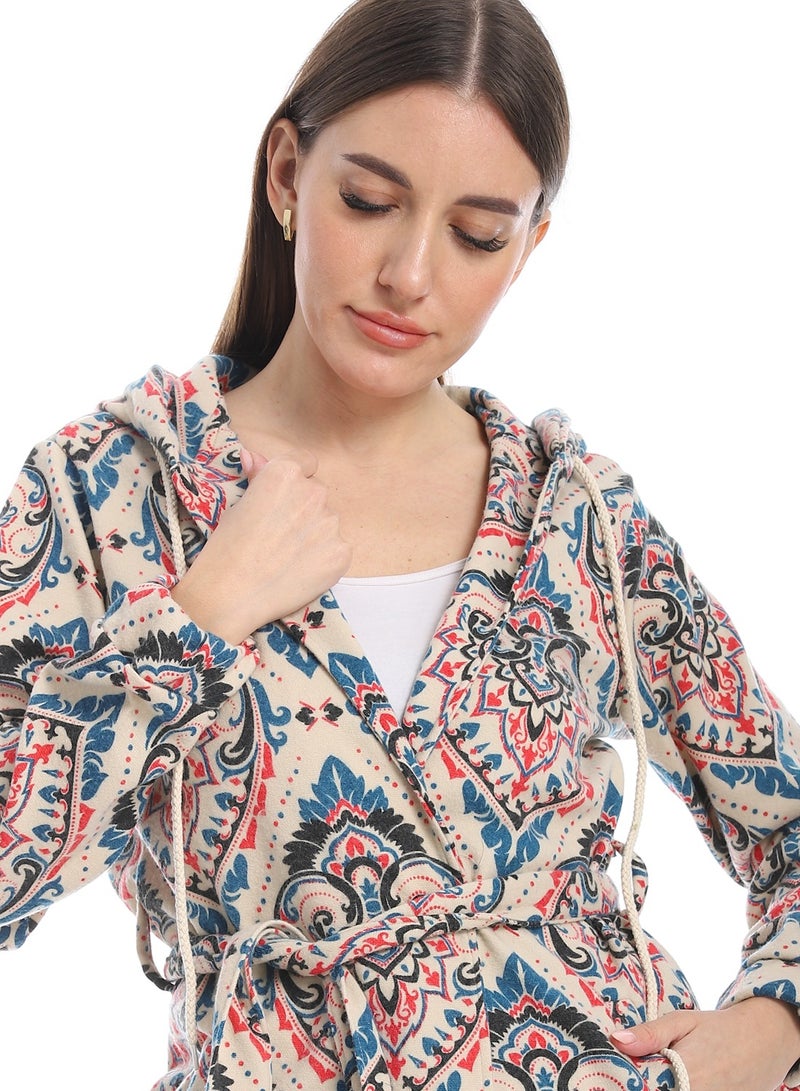 Andora Hooded Patterned Fleece Plaid Wrap Cardigan _Beige & Blue - Image 4