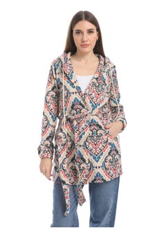 Andora Hooded Patterned Fleece Plaid Wrap Cardigan _Beige & Blue  - Image 1