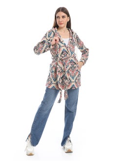 Andora Hooded Patterned Fleece Plaid Wrap Cardigan _Beige & Blue  - Image 5