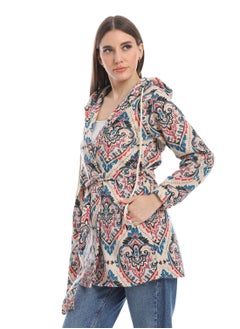 Andora Hooded Patterned Fleece Plaid Wrap Cardigan _Beige & Blue  - Image 2