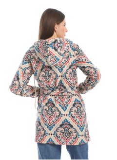 Andora Hooded Patterned Fleece Plaid Wrap Cardigan _Beige & Blue  - Image 3
