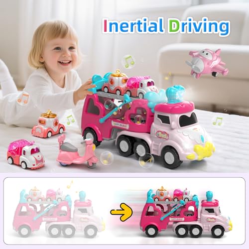 newcrave Truck Toys for 1 2 3 Year Old Girl 7in1 Carrier Truck Toy for Toddler Girls Friction Power Cars with Light Music 1 2 3 Year Old Girl Birthday Gifts Christmas - Image 5