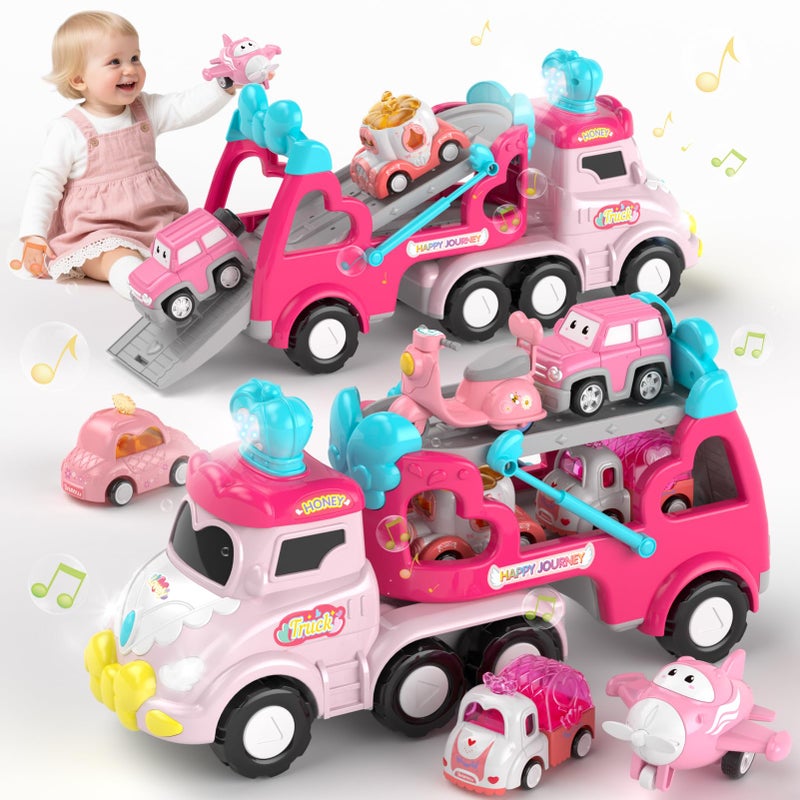 newcrave Truck Toys for 1 2 3 Year Old Girl 7in1 Carrier Truck Toy for Toddler Girls Friction Power Cars with Light Music 1 2 3 Year Old Girl Birthday Gifts Christmas - Image 3