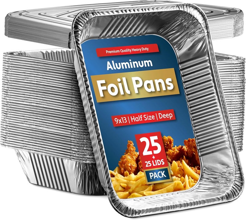Munfix 25 Pack Aluminum Pans Disposable 9x13 Baking Pan Chafing Trays with Lids, Half Size Oven Steam Table Tin Foil Pans with Covers, Extra Heavy Duty Foil Pans for Heating, Roasting, Cooking, Storing Food - Image 1