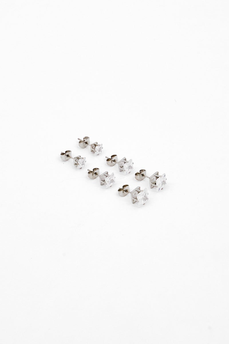By Jill New York Women 3 Pairs Fashionable Crystal Stud Earrings Set, Silver - Image 1