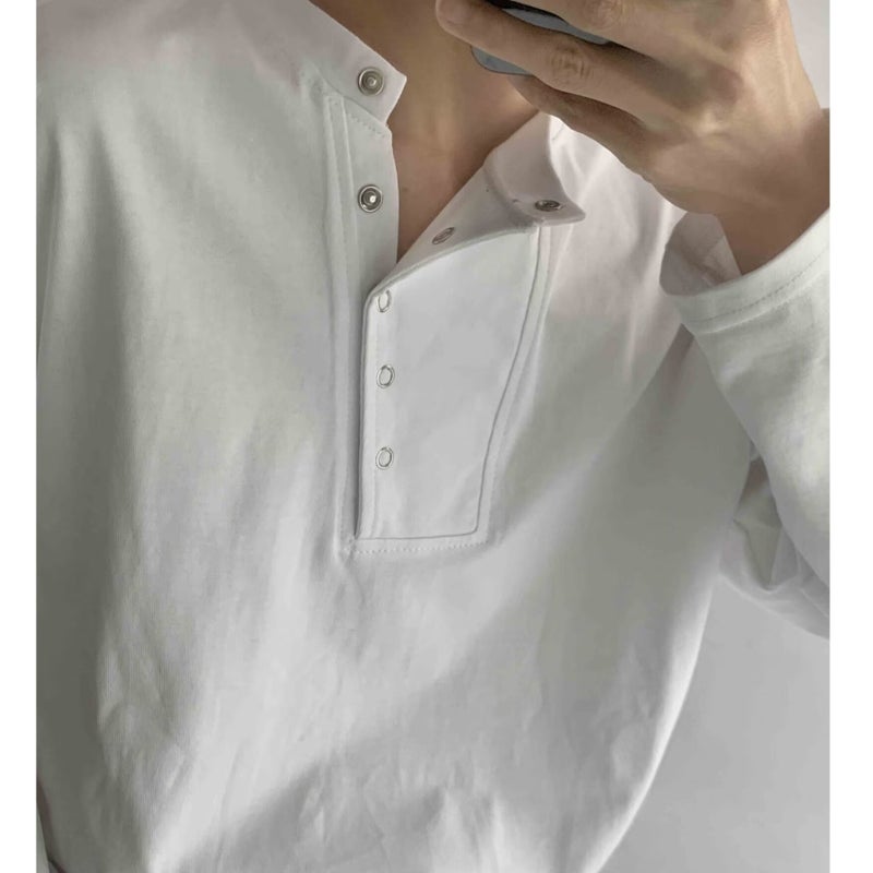 Niche Trendy Placket Button Decorative Long-sleeved T-shirt Men's Trendy Base Shirt Solid Color Loose Henry Collar T-shirt - Image 4
