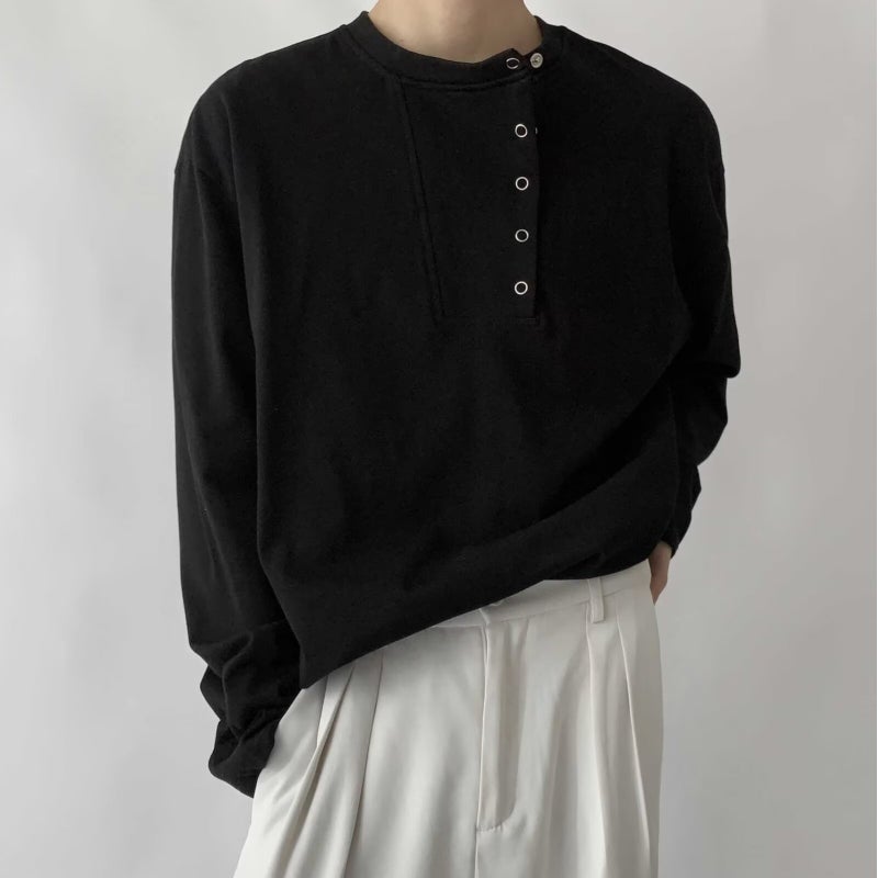 Niche Trendy Placket Button Decorative Long-sleeved T-shirt Men's Trendy Base Shirt Solid Color Loose Henry Collar T-shirt - Image 1