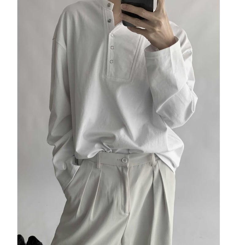 Niche Trendy Placket Button Decorative Long-sleeved T-shirt Men's Trendy Base Shirt Solid Color Loose Henry Collar T-shirt - Image 2