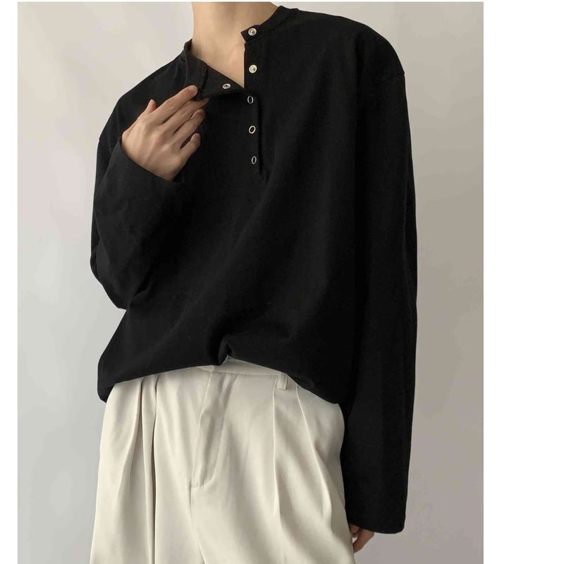 Niche Trendy Placket Button Decorative Long-sleeved T-shirt Men's Trendy Base Shirt Solid Color Loose Henry Collar T-shirt - Image 5