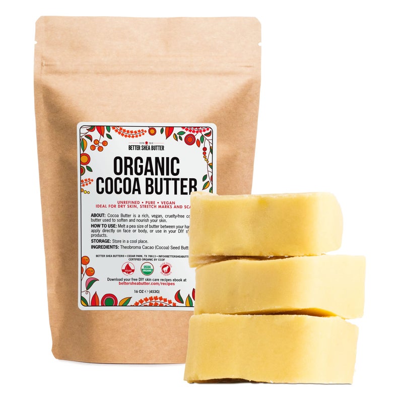 Better Shea Butter Organic Cocoa Butter Raw Unrefined, Food Grade USDA Certified Organic, for Scars, Stretch Marks Cream, Body Butter, Lip Balm and Lotion Bars, 100% Pure 1 lb Block - Image 1