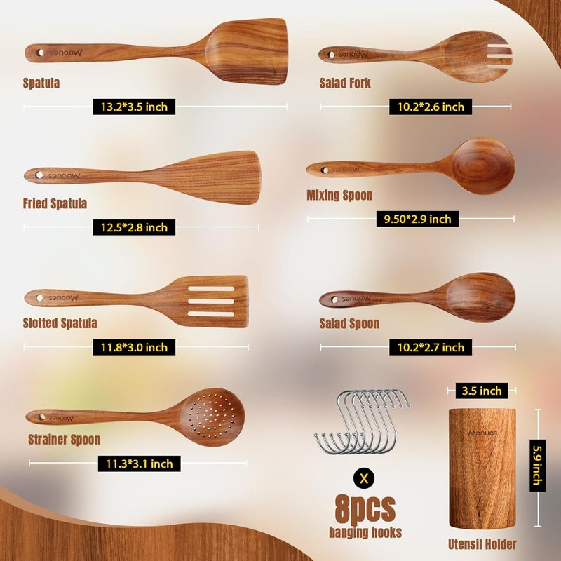 Mooues Wooden Spoons for Cooking, 8 PCS Teak Wood Cookware Utensil Set with Hooks - Smooth Finish, Non-Stick, Comfort Grip Cooking Spoons and Utensils Holder - Image 2