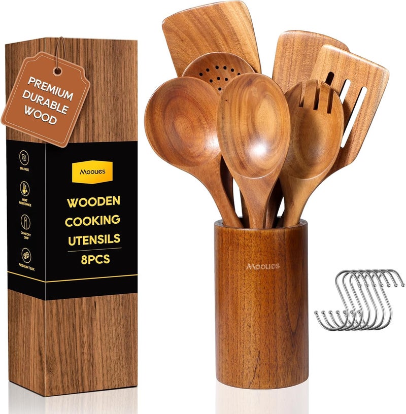 Mooues Wooden Spoons for Cooking, 8 PCS Teak Wood Cookware Utensil Set with Hooks - Smooth Finish, Non-Stick, Comfort Grip Cooking Spoons and Utensils Holder - Image 1