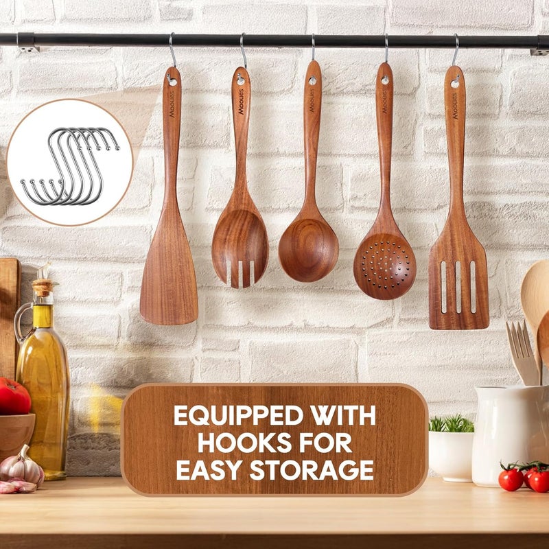 Mooues Wooden Spoons for Cooking, 8 PCS Teak Wood Cookware Utensil Set with Hooks - Smooth Finish, Non-Stick, Comfort Grip Cooking Spoons and Utensils Holder - Image 5