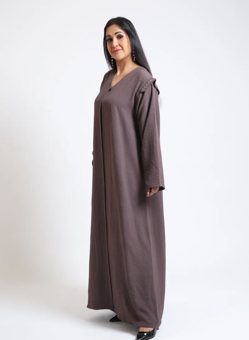 Nikias Dusty Brown Crepe Abaya with Shoulder Beadwork & Full Buttons