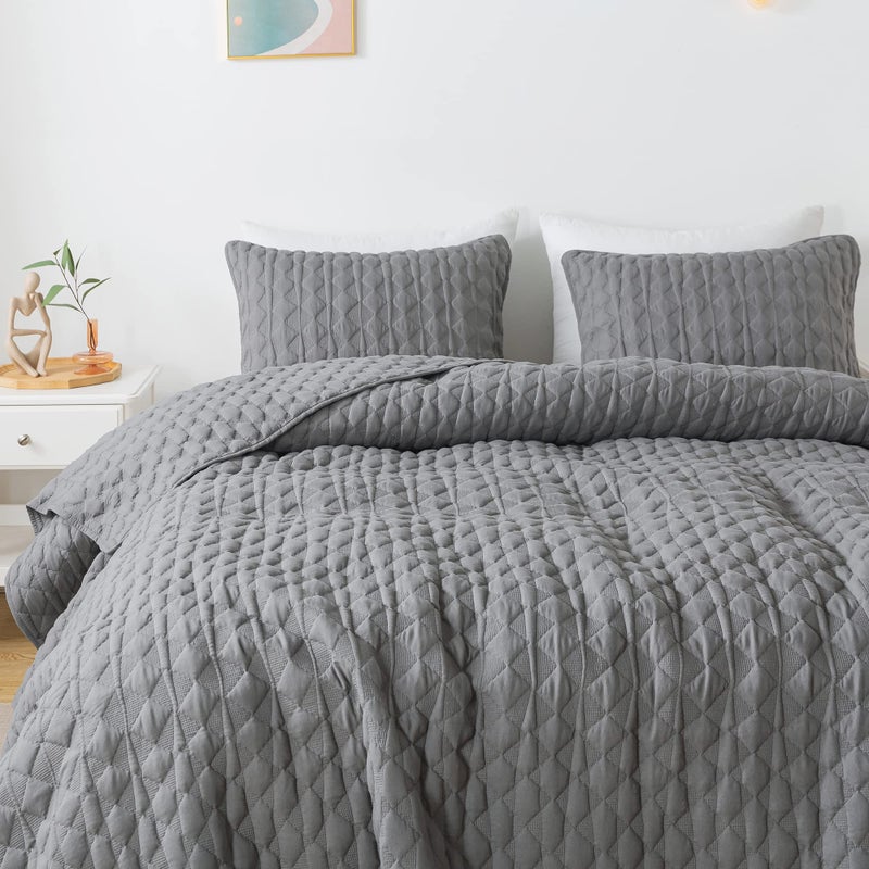 WDCOZY Dark Grey Quilt King Size Bedding Sets with Pillow Shams, Lightweight Soft Bedspread Coverlet, Quilted Blanket Thin Comforter Bed Cover, All Season Spring Summer, 3 Pieces, 104x90 inches - Image 3