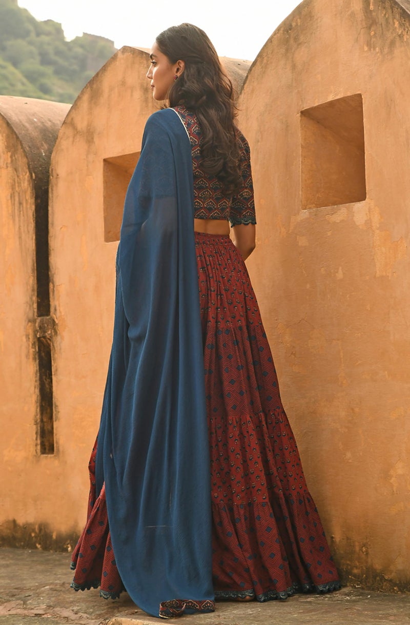 Janasya Women's Maroon Cotton Block Print Lehenga Choli with Dupatta(J0484-LCD-XXL) - Image 3
