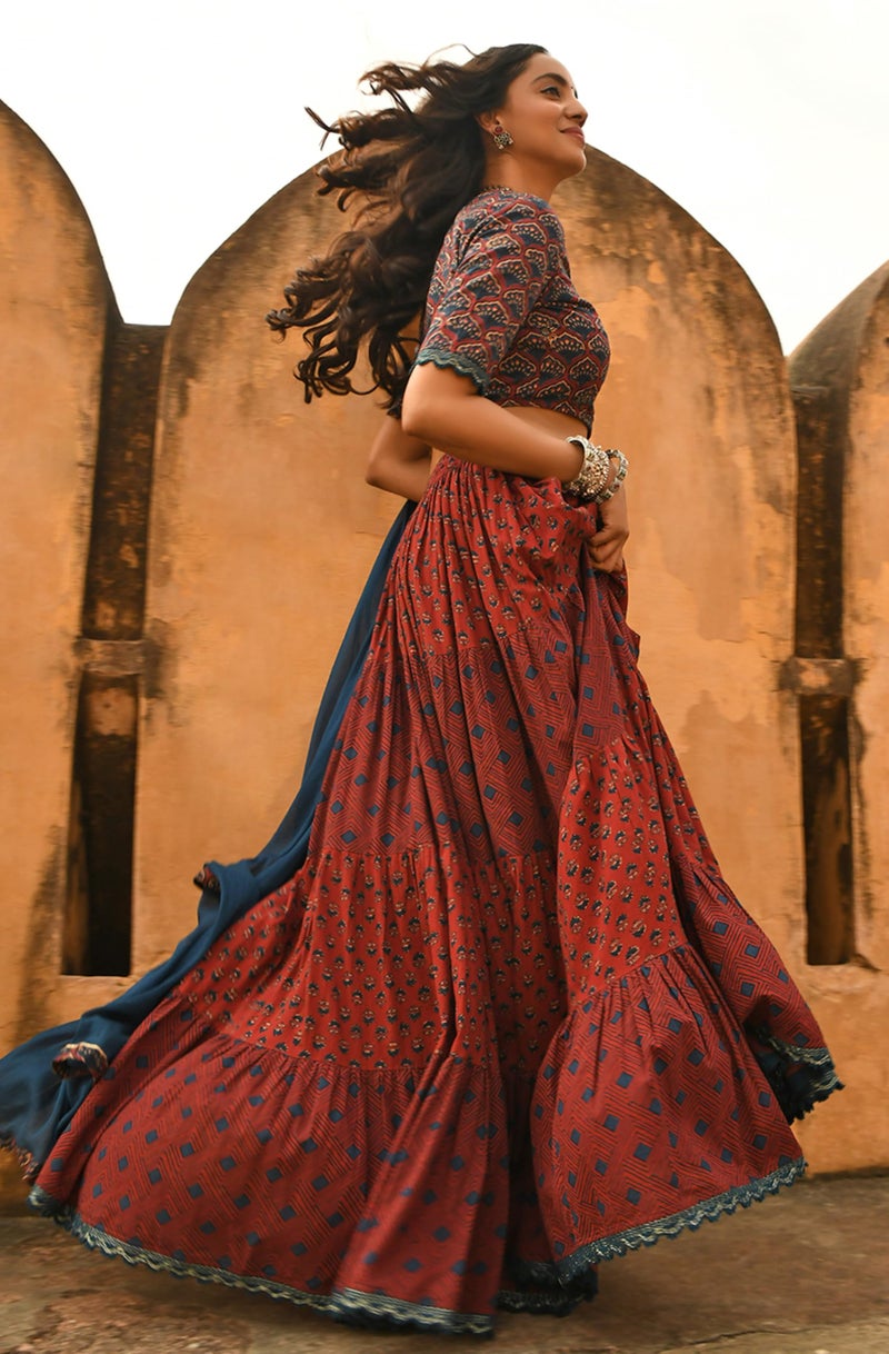 Janasya Women's Maroon Cotton Block Print Lehenga Choli with Dupatta(J0484-LCD-XXL) - Image 4