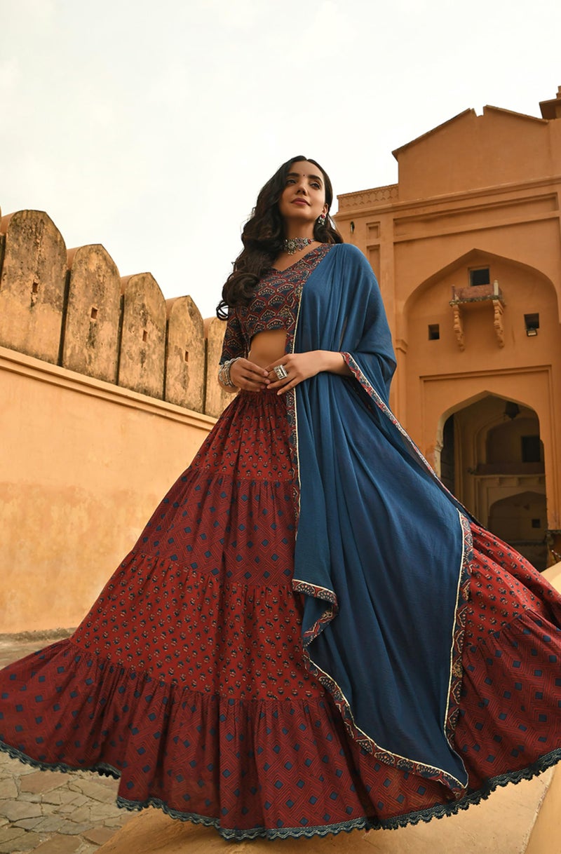 Janasya Women's Maroon Cotton Block Print Lehenga Choli with Dupatta(J0484-LCD-XXL) - Image 2