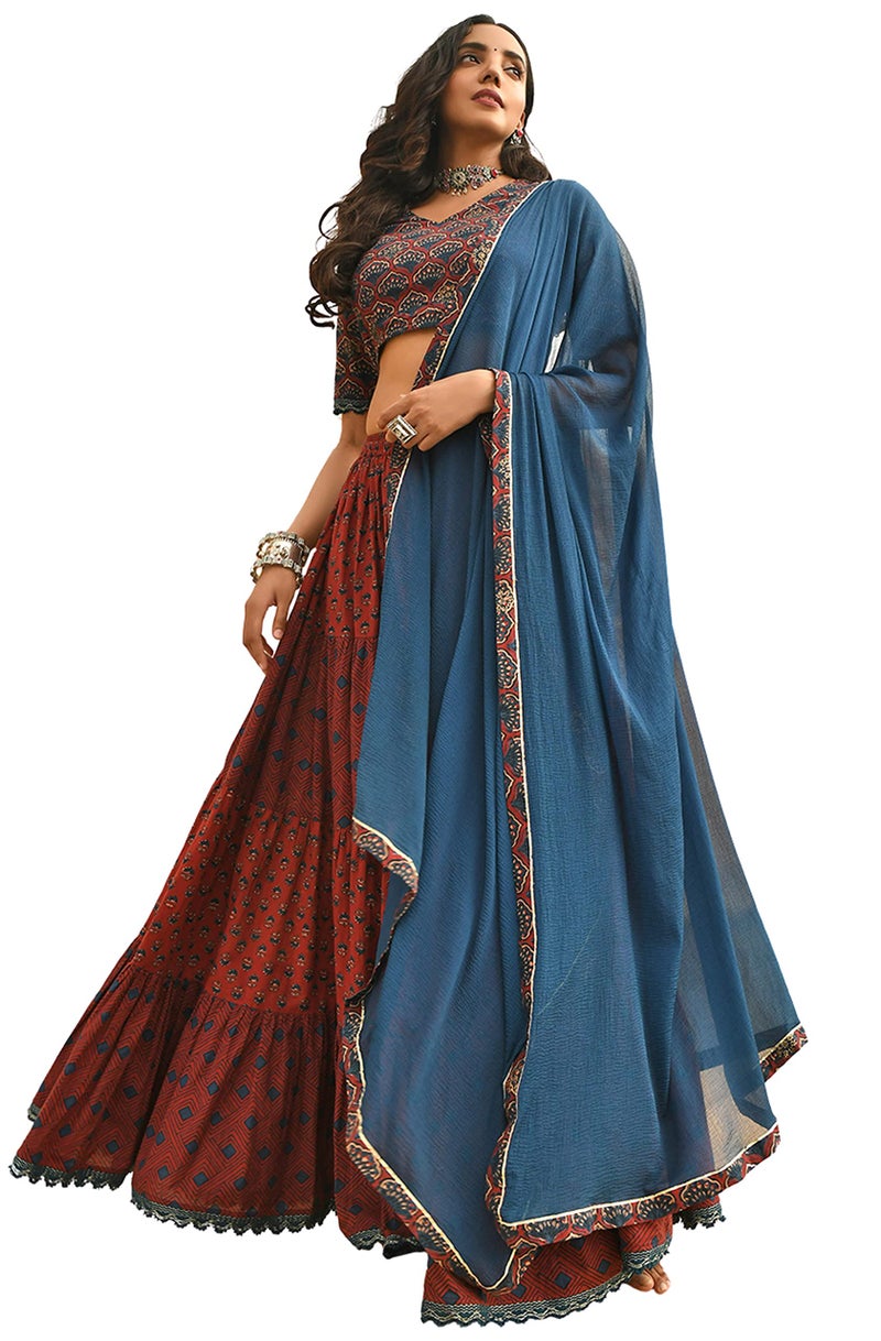 Janasya Women's Maroon Cotton Block Print Lehenga Choli with Dupatta(J0484-LCD-XXL) - Image 1