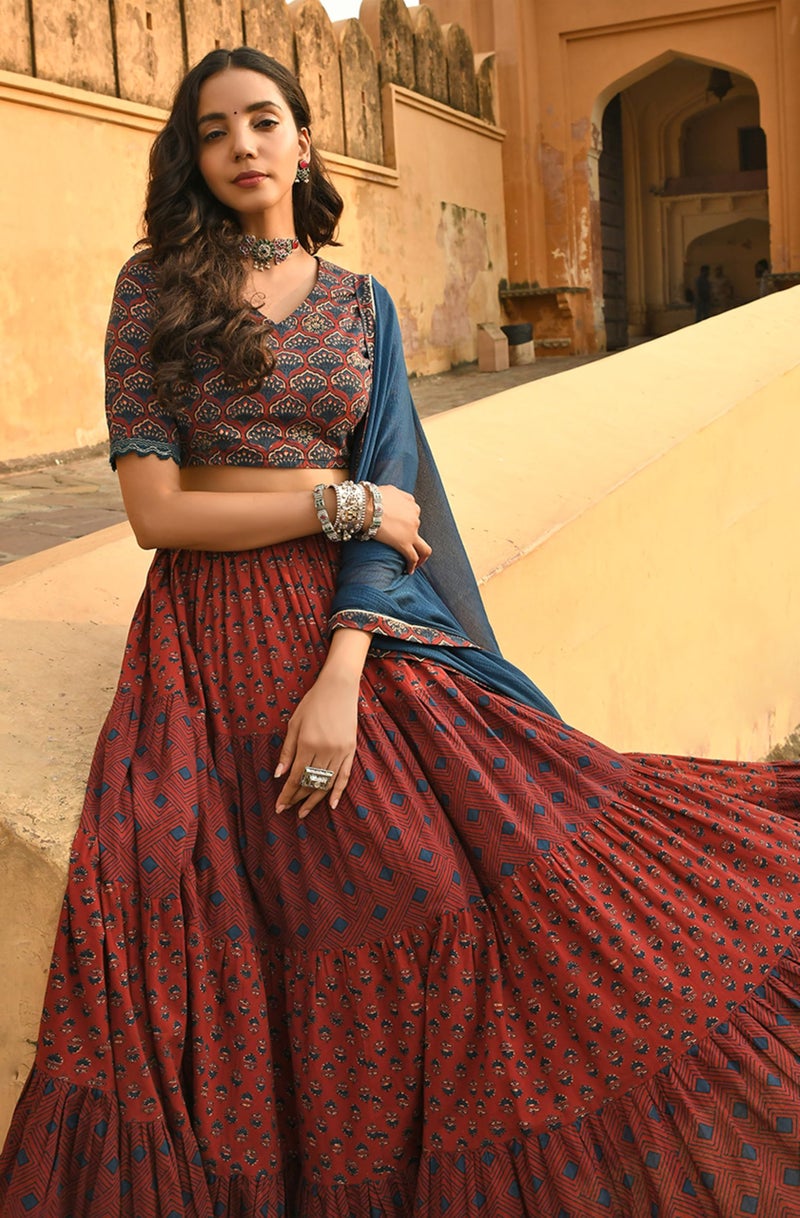 Janasya Women's Maroon Cotton Block Print Lehenga Choli with Dupatta(J0484-LCD-XXL) - Image 5